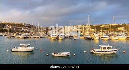 Boats moored at Brixham marina in south Devon. Taken early morning. Stock Photo