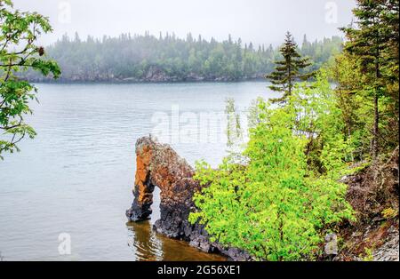 Scenic landscape view of Sea Lion rock arch in Sleeping Giant Provincial Park, Thunder Bay, Ontario, Canada