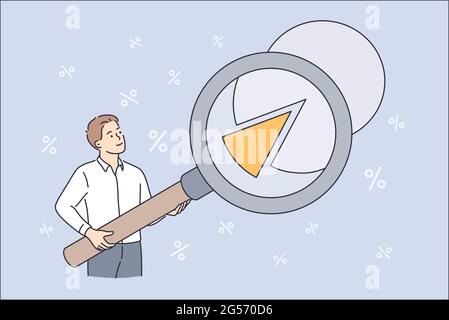 Science Statistics or project presentation concept. Young businessman cartoon character standing analyzing data making analysis Information through magnifier, vector Illustration Stock Vector
