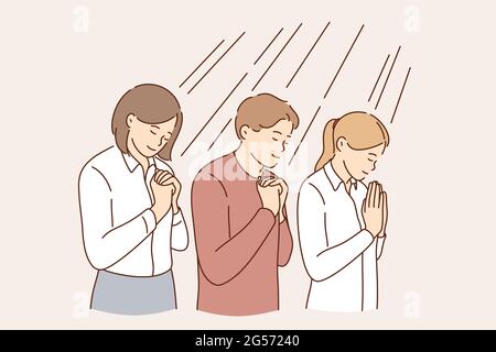 Business hope and pray concept. Group of positive calm business people cartoon characters standing with crossed hands and playing hoping for development vector illustration  Stock Vector