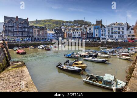 Boats moored in the lovely little square inner harbour at Dartmouth in South Devon, England. Stock Photo