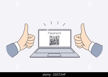 Electronic payment with qr code concept. Hands of man showing thumbs up sign with electronic payment and qr code for transaction on laptop screen vector illustration Stock Vector