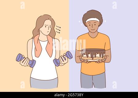 Active lifestyle or eating sweets concept. Young stressed frustrated woman in sportswear with dumbbels cartoon character standing looking at chocolate cake in boys hands vector illustration  Stock Vector