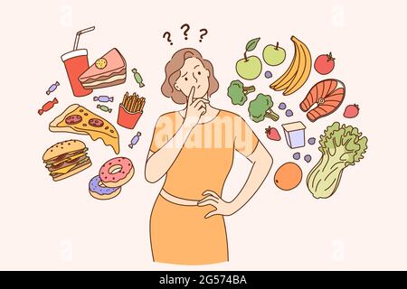 Dieting, healthy lifestyle, weight loss concept. Woman cartoon character standing choosing between healthy and unhealthy food Fastfood vs balanced menu vector illustration  Stock Vector