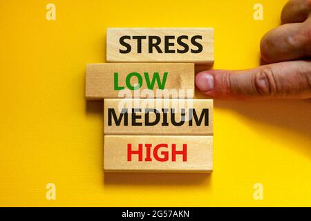 Low or high stress level symbol. Businessman chooses the wooden block with words low stress. Words stress low medium high. Beautiful yellow background Stock Photo