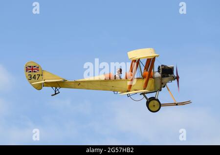 Royal Aircraft Factory B.E.2c biplane flown by pilot Matthew Boddington at airshow. Replica of a Great War plane flown by the Royal Flying Corps 1912 Stock Photo