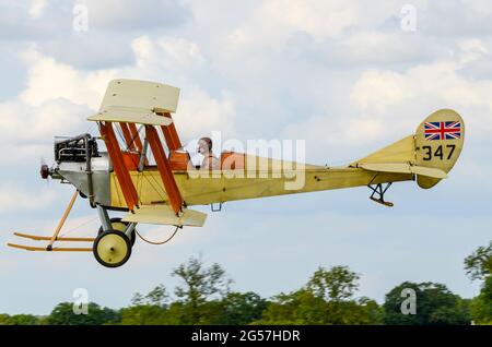 Royal Aircraft Factory B.E.2c biplane flown by pilot Matthew Boddington at airshow. Replica of a Great War plane flown by the Royal Flying Corps 1912 Stock Photo