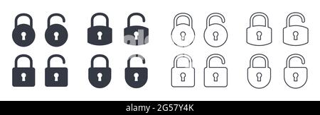 Open and closed padlocks vector symbol flat and outline style vector icon set Stock Vector