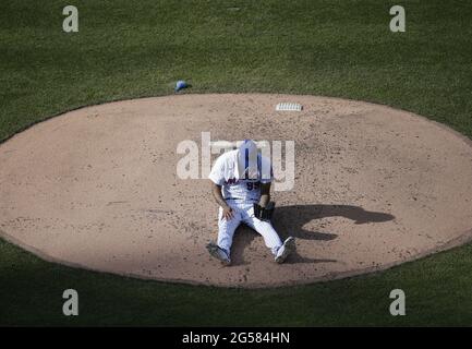 Queens, USA. 25th June, 2021. New York Mets starting pitcher Taijuan Walker reacts after catching a line drive for an out in the 5th inning against the Philadelphia Phillies at Citi Field on Friday, June 25, 2021 in New York City. Photo by John Angelillo/UPI Credit: UPI/Alamy Live News Stock Photo