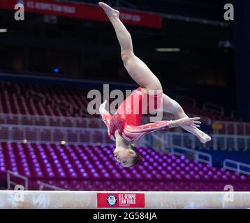 June 25, 2021: Kara Eaker converses with her coach, Armine Barutyan ...