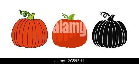 Pumpkin flat cartoon set line doodle icon, black glyph style. Ripe whole pumpkins. Halloween or Thanksgiving Day festival symbol harvest collection. Comic agricultural hand drawn vegetable icon vector Stock Vector