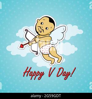 Bald Cupid in the sky, releasing Love arrow Stock Vector