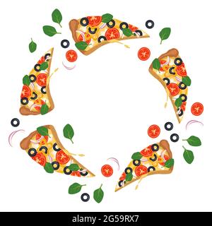 Bright round frame with pizza slices Stock Vector