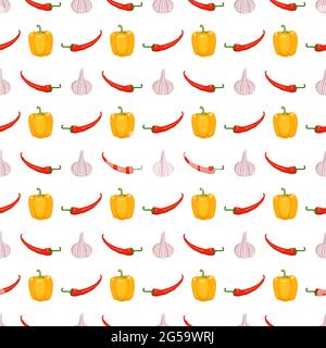 Seamless pattern with yellow peppers, chili and garlic Stock Vector