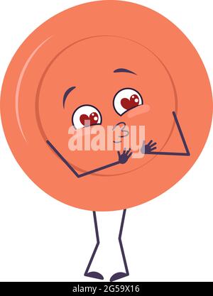 Cute plate character falls in love with eyes hearts, kiss face, arms and legs. The funny or smile emotions dish with eyes for a cafe Stock Vector