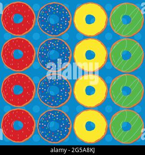 Seamless pattern of cartoon colorful donuts in pop art style , top view. Collection of donuts in glaze for menu design, cafe decoration. Vector illust Stock Vector