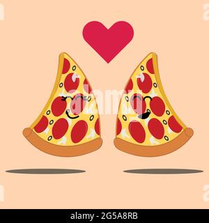 A pair of cute pizzas look at each other in love on a solid background with hearts. End of love and food Stock Vector