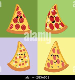 Vector set of different slices of pizza with cute facial expressions on an isolated background. Italian pizza set. Stock Vector