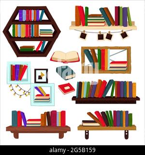 Books and textbooks on shelves, home furniture Stock Vector