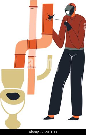 Builder man welding pipe in bathroom of house Stock Vector