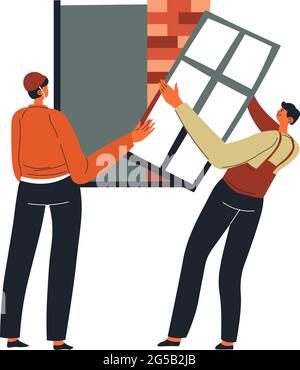 Builders installing window at construction site Stock Vector