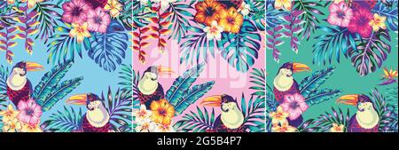 Set  tropical bird toucan and multicolor parrot on the background of exotic hibiscus flower and palm leaf. Summer floral plant print. Nature animals w Stock Vector