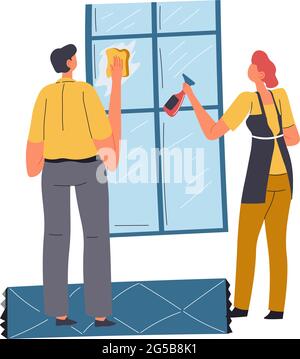 Man and woman tidying home, cleaning window glass Stock Vector