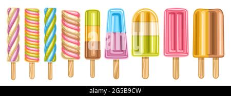 Vector set of Fruit Popsicle, lot collection of 9 cut out illustrations of berry and fruit ice creams, banner with group of delicious fruity popsicles Stock Vector