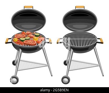 Vector illustrations of Barbecue Grills, bbq grill with roasted pork steaks and tasty grilled vegetables, isolated round barbeque with empty grate on Stock Vector