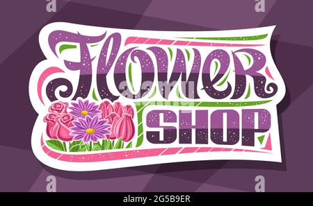 Vector logo for Flower Shop, decorative cut paper sign board with illustration of spring tulips, chrysanthemums and pink roses with green leaves, bann Stock Vector