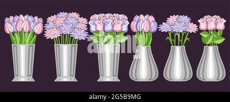 Vector set of Flowers in Vases, lot collection of 6 cut out illustrations of flower bouquets in stainless buckets, banner with group of decorative vas Stock Vector