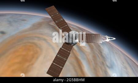 Juno is a NASA space probe orbiting the planet Jupiter. Jupiter Planet Rotating in the outer space. Traveling to planet Jupiter in space. Elements of Stock Photo