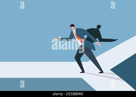 Business executive choosing one direction while his shadow choosing other. Concept of decision making Stock Vector