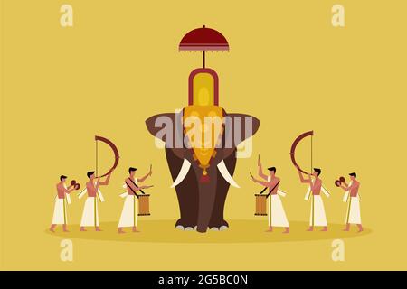 Illustration of elephant pageant with people playing percussion instruments. A scene from Kerala's religious festival Stock Vector