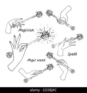 Set of line art illustrations of hand drawn witch hands holding magic wands. Stock Vector