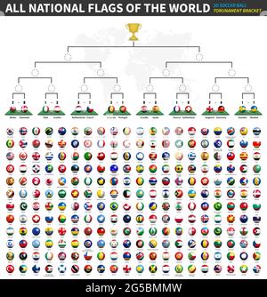 All national flags of the world . Tournament brackets of soccer cup champions league . 3D ball and flag pattern on perspective view football field . D Stock Vector