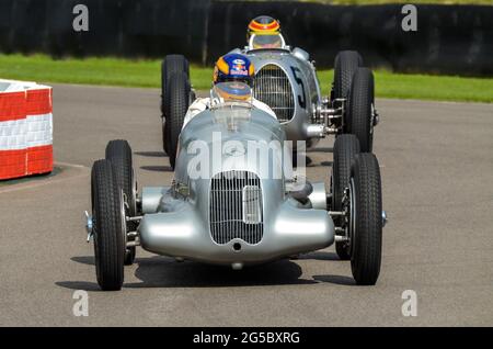 Mercedes Benz W25 classic Grand Prix racing car taking part in the Silver Arrows event at the Goodwood Revival 2012. German 1930s race car Stock Photo