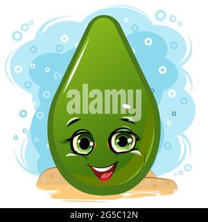 Avocado cheerful smile. Juicy red fruit with a muzzle. Cartoon style. Isolated over white background. illustration. Bright summer composition. Stock Photo
