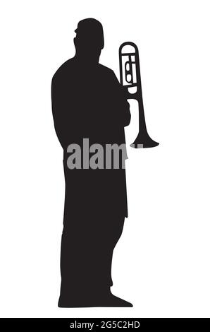 Black silhouette of a trumpeter on a white background. The musician stands at full height with a trumpet in his hand. Vector illustration. Stock Vector