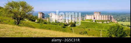 Panoramic view of the ruins of Château-Gaillard, a medieval fortified castle built in Normandy by Richard the Lionheart in the 12th century. Stock Photo