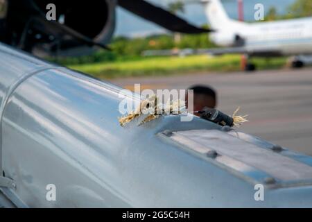 Cucuta, Colombia. 26th June, 2021. (210626) -- CUCUTA, June 26, 2021 (Xinhua) -- Photo taken on June 25, 2021 shows the damage to the helicopter of Colombian President Ivan Duque. Ivan Duque said on Friday that a helicopter carrying him and several officials was struck by multiple bullets in the southern Catatumbo region. (COLPRENSA/Handout via Xinhua) Credit: Xinhua/Alamy Live News Stock Photo