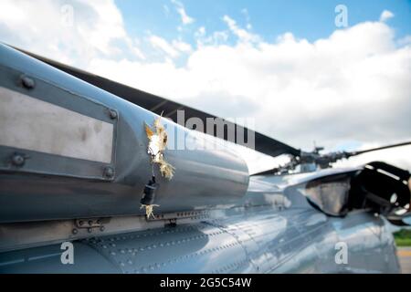 Cucuta, Colombia. 26th June, 2021. (210626) -- CUCUTA, June 26, 2021 (Xinhua) -- Photo taken on June 25, 2021 shows the damage to the helicopter of Colombian President Ivan Duque. Ivan Duque said on Friday that a helicopter carrying him and several officials was struck by multiple bullets in the southern Catatumbo region. (COLPRENSA/Handout via Xinhua) Credit: Xinhua/Alamy Live News Stock Photo