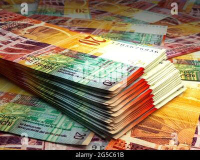 Money of Switzerland. Swiss franc bills. CHF banknotes. 20 francs. Business, finance, news background. Stock Photo