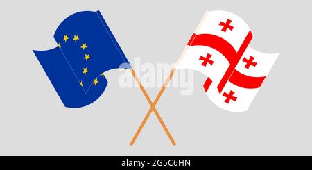 Crossed and waving flags of Georgia and the EU. Vector illustration Stock Vector