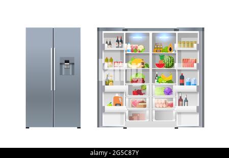 open and closed refrigerator fridge full of fresh food horizontal isolated Stock Vector