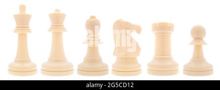 White chess set pieces on white background Stock Photo