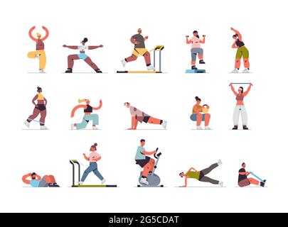 set people doing exercises mix race men women having workout cardio fitness training healthy lifestyle Stock Vector