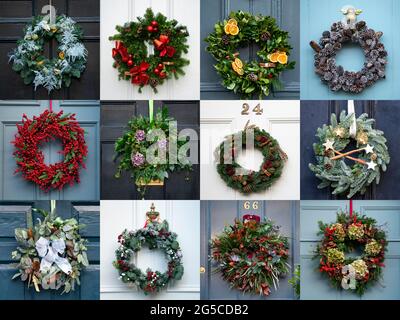 A great variety of Christmas wreaths are fixed to the colourful doors of townhouses in Edinburgh’s historic New Town, Scotland, UK Stock Photo
