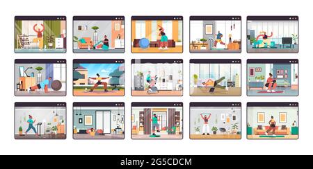 set people in web browser windows working out online training healthy lifestyle home sport concept Stock Vector