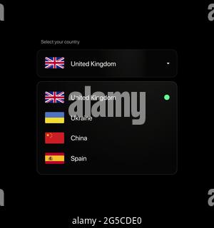 Select Your Country Settings Panel. Where are you from. Flat user interface transparent design. UK, Ukraine, China, Spain. Vector illustration Stock Vector